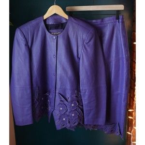Vintage Purple Darshi 100% Leather Skirt and Matching Jacket embroidered size 12